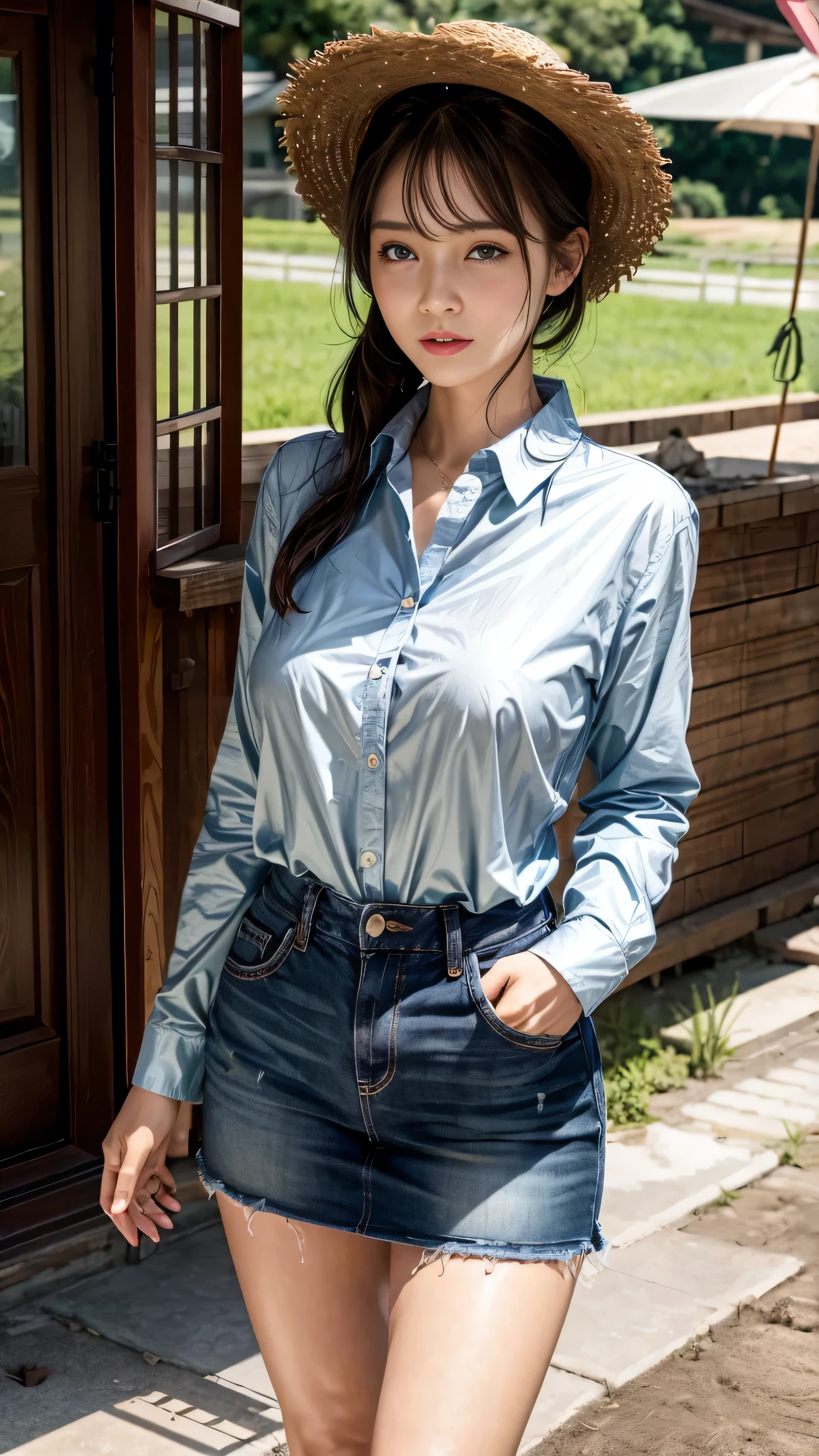  I'm wearing clothes that show big boobs,  cowboy shot 、((Farmer ))、agriculture、((tractors))、((( with a hoe and shovel )))、cloudy、 picture volume release :1.6 , ( straw hat) , (( long sleeve flannel shirt )), scarf , Recruit  ,  black short hair 、(( coppery skin))、((Simple nice )), high resolution、 high resolution、in 8K、 real live action 、RAWpicturegraphy、 best quality 、masterpiece、Tabletop、erotic,(Sunburned skin),knee,  Absurd,Small face、 big boobs ,masterpiece, best quality 、超A  high resolution,RAWpicture,only,beautiful, one person ,  one person で, full body、 very nice 、Japanese women,Standing,（  realistic ：1.4）、Photon Mapping、  realistic 、 cute 、  Adult Female 、physics-based only dulling、View 、Borderline depth 、 blurry background 、picture,girl、body,Beautiful feet, long legs,thin legs、 lips,  Soft nose , I can see the knee、 sparkling eyes 、Glossy lips、 too bright natural light 、bright sun、 too bright sunlight 