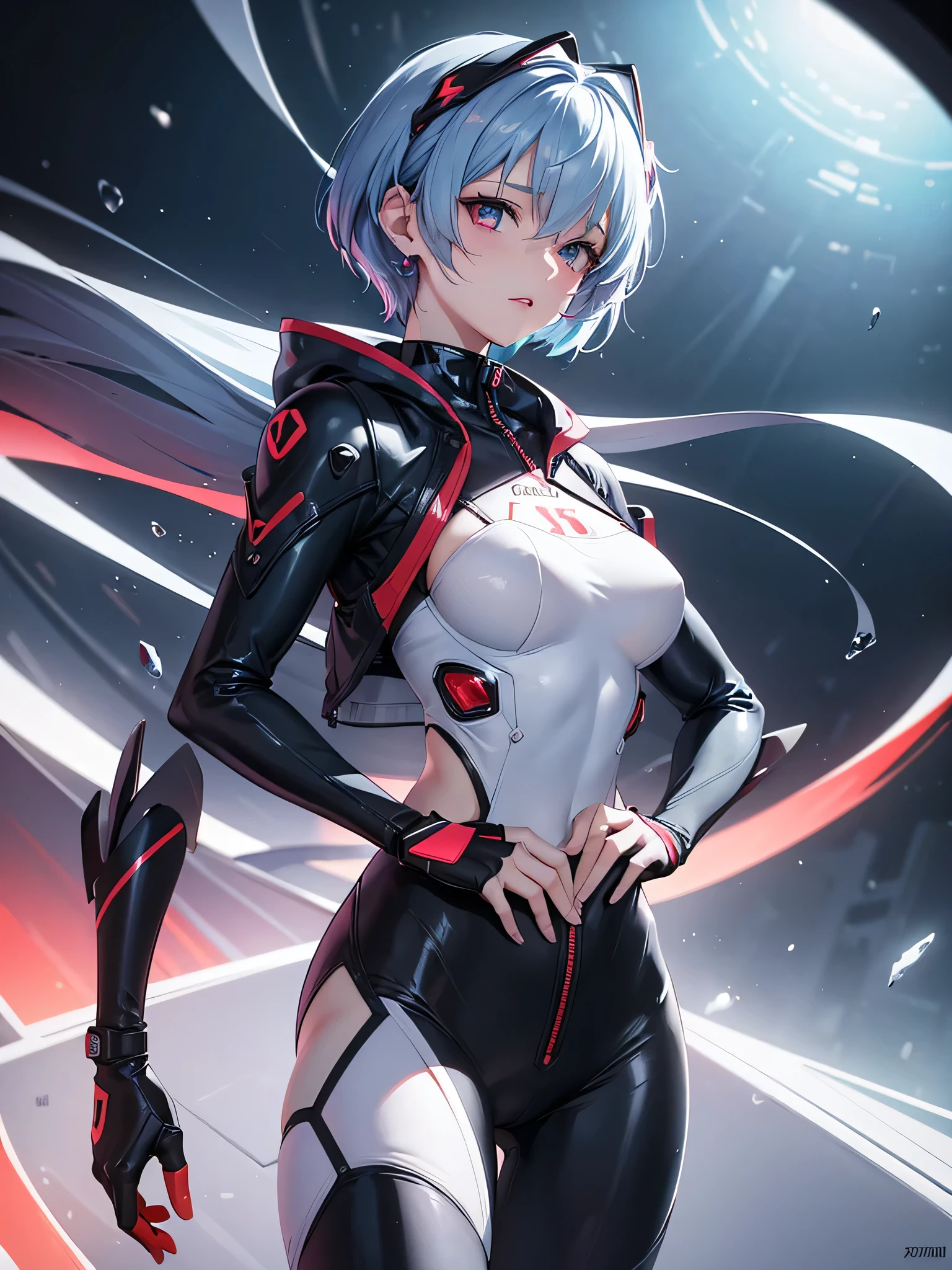lucy \(cyberpunk\), 1girl, arm up, asymmetrical hair, belt, bodysuit, covered mouth, covered navel, detached sleeves, grey eyes, hip vent, holding, holding weapon, looking at viewer, night, night sky, pouch, short hair, sky, solo, weapon, white hair, wire, short shorts, shorts, open jacket,((masterpiece, best quality)), close-up, straight on, ((1 girl)), (incredible absurdity), (detailed light),lighting, colorful, layered backgrounds, (gorgeous background), dynamic angle,delicate background, (shine),arm around back, <lora:lucyCyberpunk_35Epochs:1>