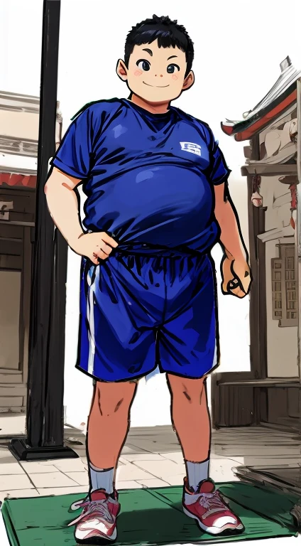 A chubby, shaved-headed, ugly elementary school boy is standing smiling in the square in front of the shrine wearing gym clothes and shorts.。
