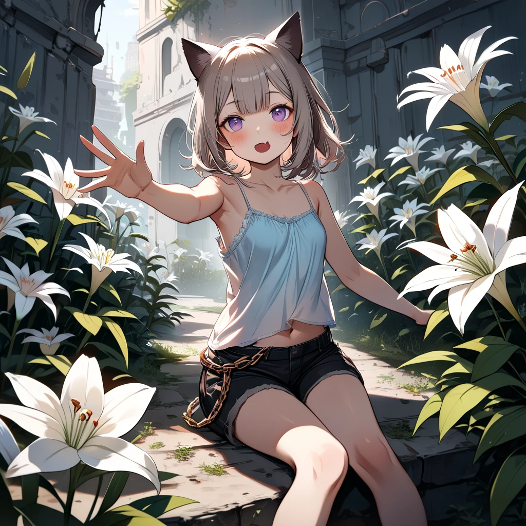 ((Masterpiece)), ((best quality)), (wide shot), cinematic lighting, (sharp focus), (perfect light), ((12 years old)), 8K, cinematic lighting, unruly hair, medium hair, (exposed naked nipples:1.3), (exposed naked cute pussy), naked Slender body, Pudgy cheek, ((small breast)), naughty smile, (open mouth), Textured skin, cat ears, pale brown hair, Cute Beautiful girl, (Healthy and toned body), slim body, BREAK, ((best quality)), (open legs), ((Military salute pose right hand only)), (sitting on the ancient ruined overgrown), Decorated flowers, ((obscurity atmosphere)), (long eyelashes), ((baggy eyes)), colorful eyes, round eyes,