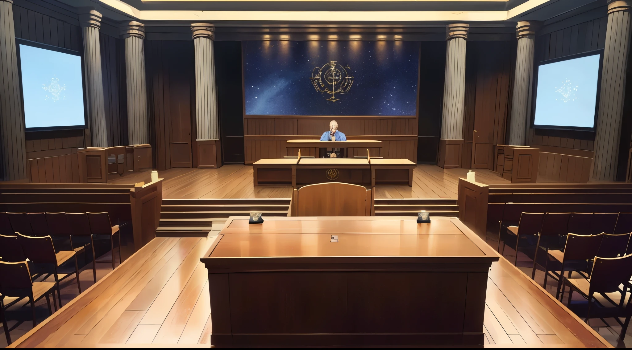 (Daytime Sky) (Rainy Sky) (Raindrops falling) 
(80’s Anime) (Classic) (Vintage) (Retro)

1980’s courtroom is a formal space where legal proceedings take place, typically featuring a judge's bench at the front, a jury box for jurors, tables for the plaintiff and defendant with their respective attorneys, a witness stand, and a public gallery for spectators, all separated by a low barrier called the "bar" which divides the area for legal proceedings from the public viewing area; the overall atmosphere is designed to be serious and impartial.

(People are in attendance)
(View from the Courtroom)