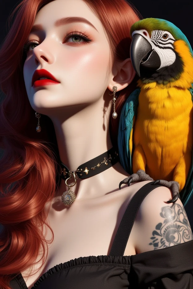 ( masterpiece ,  photorealistic :1.4, extremely intricate:1.3), ( photon mapping, radiosity,  physics-based rendering , ultra resolution, hyper-realistic,  photorealistic :1.4, hyper-realistic, 8k), cunning woman,  red, dishonest Italian mobster , tattooed,  red hair , ( macaw )