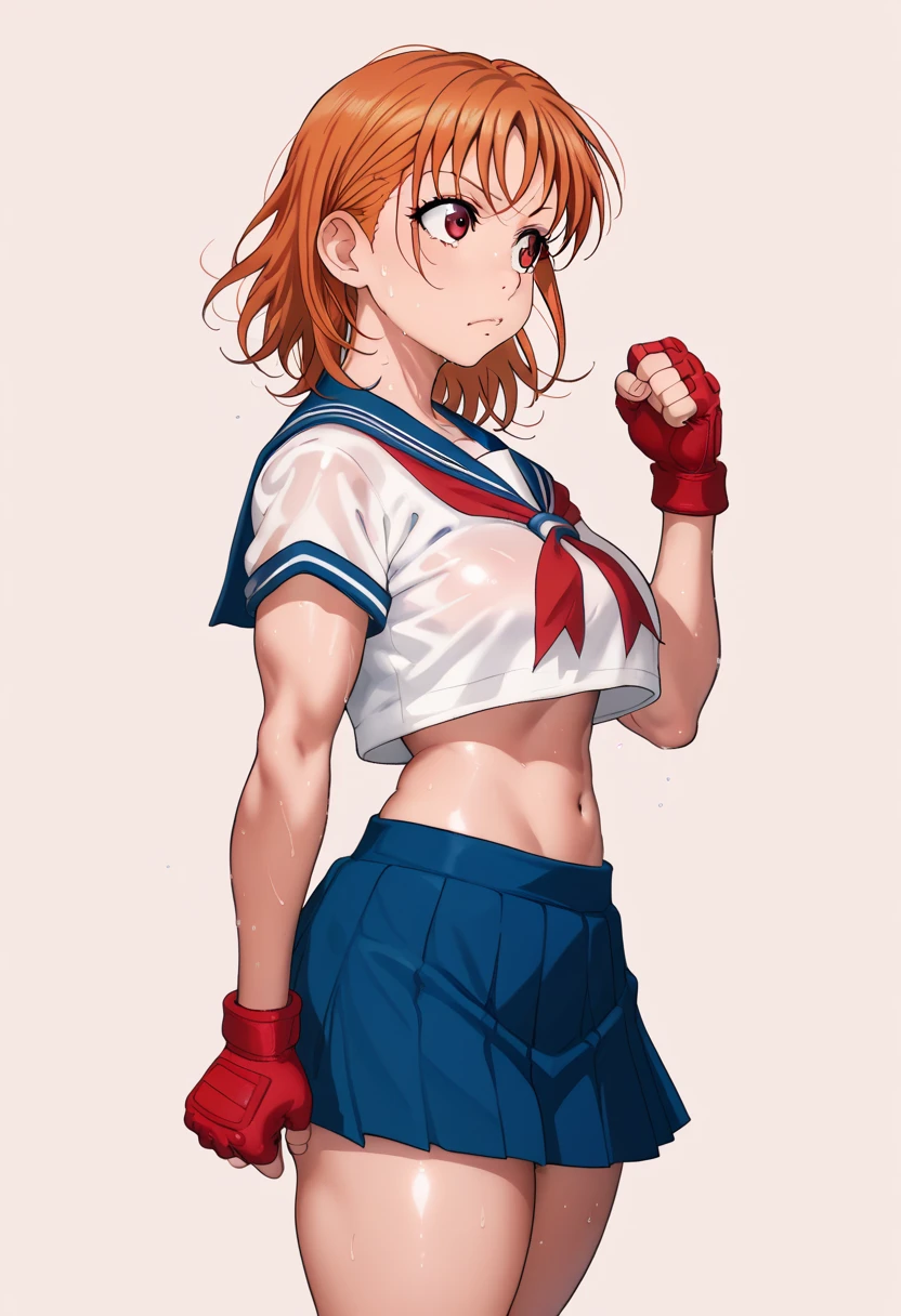 Solo,1girl, takami chika, medium hair, orange hair, red eyes,standing, sporty athletic build, confident pose, big breasts, breasts outlines, score_9, score_8_up, score_7_up, score_6_up,blue skirt, crop top, midriff, miniskirt, navel, sailor , school uniform, short sleeves, skirt, stomach, shirt, white shirt, red fingerless gloves,sweating, detailed body, shiny skin , RUKIA Style, web comic,toned thighs, sexy pose, simple background, clenched hands, slightly from side, inguinal fold,hip crease, down skirt