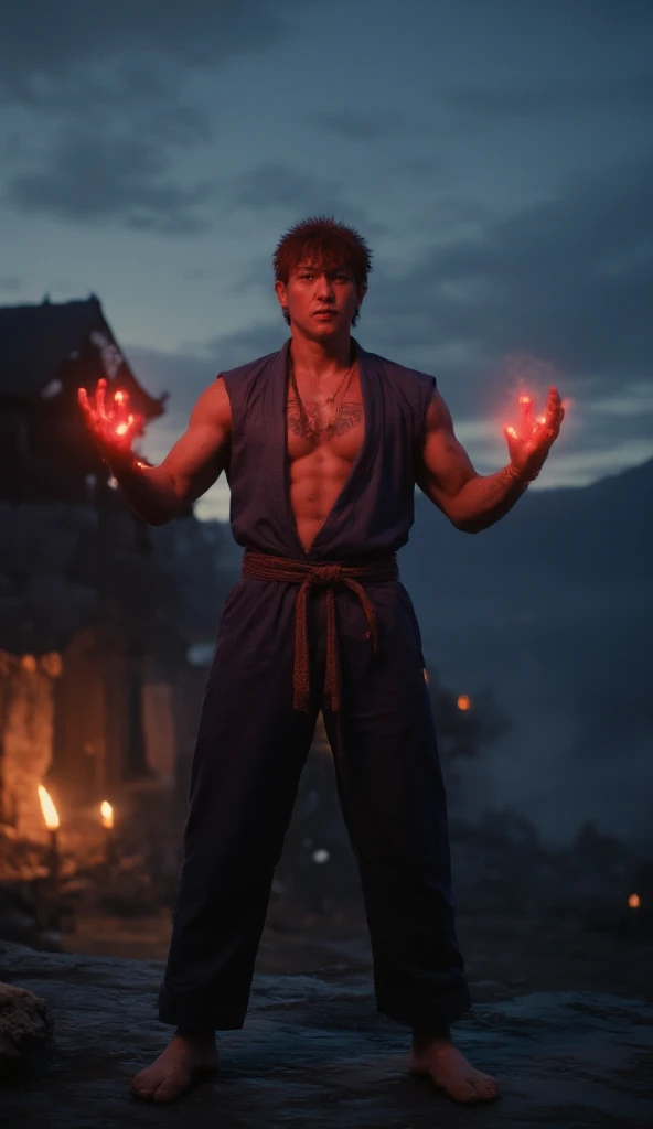 (best quality, 128k, highres, masterpiece:1.2), ultra-detailed, (realistic, photorealistic, photo-realistic:1.37), ((masterpiece)) ((photography)) ((Highest quality))

A hyper-realistic depiction of Akuma from Street Fighter in a secluded mountain temple at twilight. Akuma stands tall, his dark red hair spiking wildly as his muscular frame is wrapped in a torn, dark blue gi, the sleeves ripped to reveal his bulging biceps. Around his neck, he wears his signature collar made of large, dark brown beads, adding a sense of ancient power to his fearsome appearance. His tattooed chest speaks to his mastery of the dark arts. His glowing red eyes pierce the darkness as his hands are raised, ready for his next devastating attack. A woven, tattered belt cinches his waist, the intricate design reflecting his fierce and disciplined nature. The temple around him is ancient, with crumbling stone and flickering torches casting an eerie light. His demonic aura pulses around him, intensifying the atmosphere of immense power and malevolent energy.