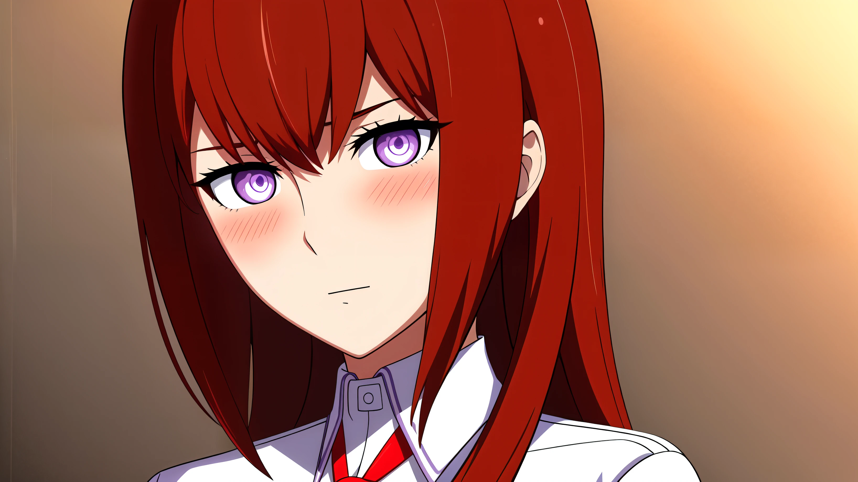 ((masterpiece,best quality,ultra detailed,8k)),brown_hair,collared_shirt,jacket,long_sleeves,makise_kurisu,standing,red_necktie,solo,1girl,white_shirt,perfect face,red_hair,purple_eyes,((blush)),upper body,(close_mouth)