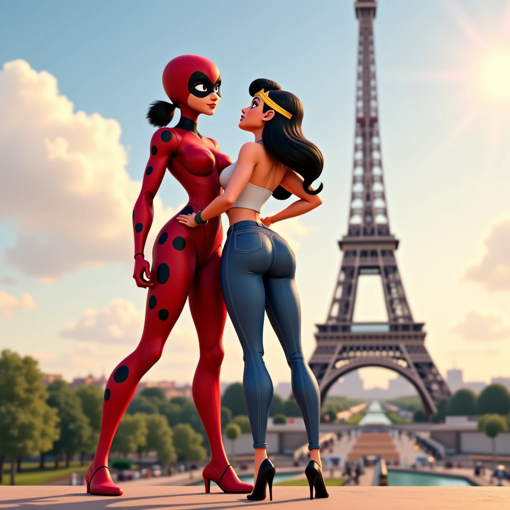 Marinette(Miraculous Ladybug), naked, first view,standing doggystyle, sex, moaning, smiling ahegao, blushing, tongue out, mindbreaking orgasm, cum in pussy, orgasm, cumshot, creampie, small breasts, small ass, Adrien(Miraculous), grinning, Paris rooftop setting, sunset, gold and purple sky, large cock