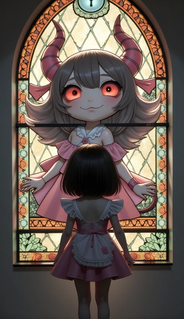 ultra-realistic, photorealistic, dramatic scene, shadow, global-illumination, solo, (teenage Japanese famous idol girl), very beautiful fragile Japanese girl, very beautiful with very cute face, detailed face, (modern maid:1.2), (wearing a cute colored maid outfits with frills), (very large breasts), slim waist, she is looking at the stained glass at the epic cathedral in the European old castle and the looking at viewers, smile, Gentle light, a large window with a rough mosaic of a cute devil of chibi-anime-charactr in stained glass, masterpiece of Mosaic art of a cute devil of chibi-anime-character that made of gorgeous stained glass, the stained glass depicts rough mosaic of 1girl\(chibi-anime character, chibi-anime character, mosaic art on the stained glass, dark black devil, cute, big eyes, large circle eyes, black skin, evil smile, orange eyes, vivid orange eyes, dark black skin, looking down, wearing a cute Tyrolean-style capelet\(big, long, Tattered\), full body, Minor Cracks on the glass\),