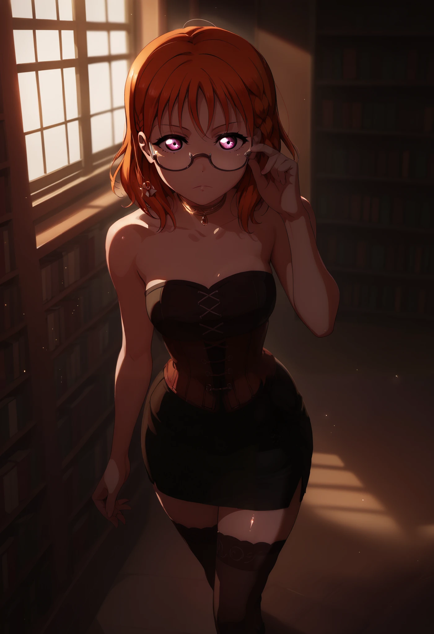 dynamic lighting , love live art style, takami chika , orange hair, medium hair, pink eyes, side braid, circle glasses, corset, pencil skirt,collarbone,neck ring, thighhighs, in black dark library , night , looking at viewer, strapless , adjusting glasses , shiny skin,thin waist,curvy hips,solo,dramatic , from above,shiny skin,RUKIA Style, walking, white lighting