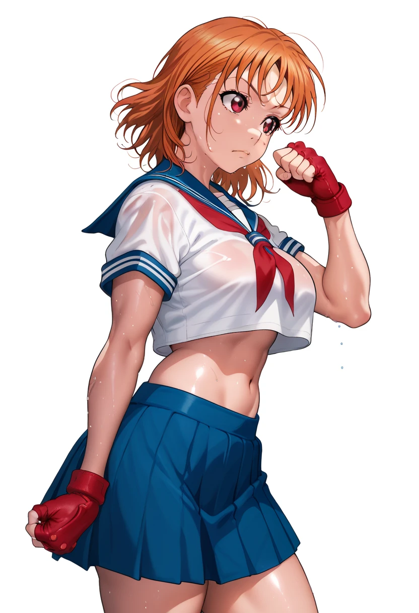 Solo,1girl, takami chika, medium hair, orange hair, red eyes,standing, sporty athletic build, confident pose, big breasts, breasts outlines, score_9, score_8_up, score_7_up, score_6_up,blue skirt, crop top, midriff, miniskirt, navel, sailor , school uniform, short sleeves, skirt, stomach, shirt, white shirt, red fingerless gloves,sweating, detailed body, shiny skin , RUKIA Style, web comic,toned thighs, sexy pose, simple background, clenched hands, slightly from side