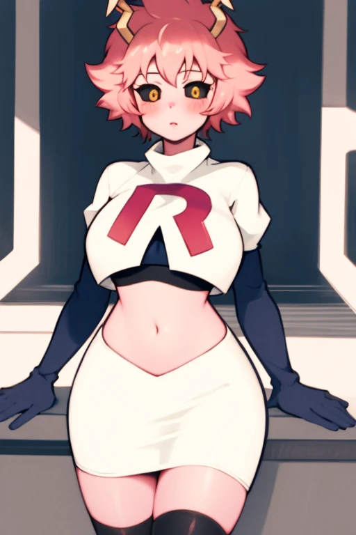 masterpiece, best quality, ultra-detailed, extremely detailed,illustration, 1girl, nicole demara,green eyes, hair ribbon, hairclip, earrings, doll, cowboy shot, team rocket,team rocket uniform,white skirt,red letter R,crop top,black thigh-highs,black elbow gloves