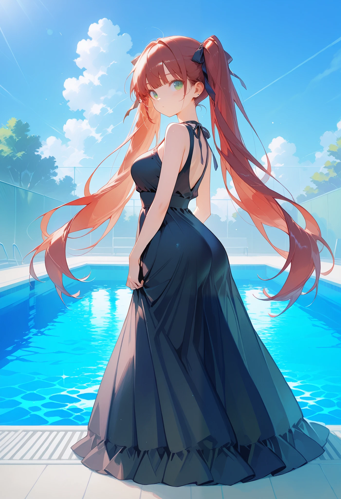 green-eyed girl, long hair, twin tails, red hair, gradient hair, long, wide, loose dress, black dress, medium, round breasts, medium waist, wide hips, big, round ass, from behind, standing, in the backyard near the pool, source anime, full body, hight resolution, masterpiece, accurate, 8k, hight detail, super detailed,