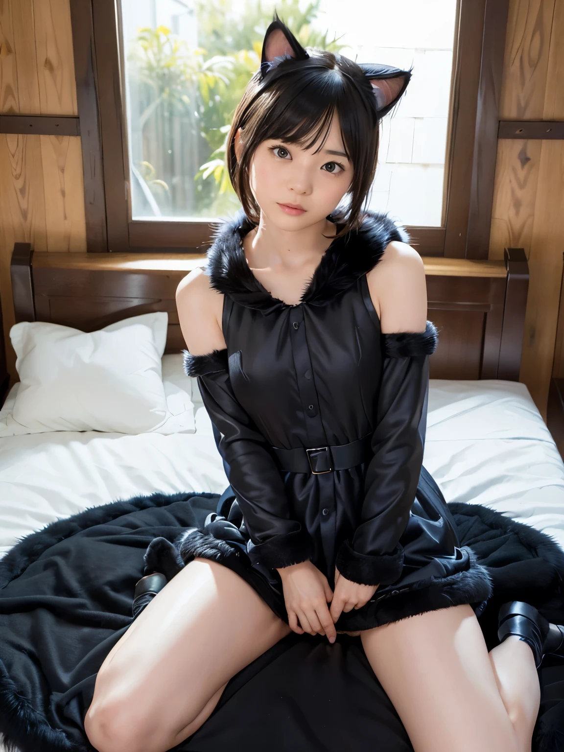8k、 High Quality 、 more details 、 short hair with bangs 、( cute、 beautiful、 beautiful:1.3),(bedroom:1.3)、slouch、((( black costume、fur dress、Cat ears:1.4)))、(24 year old cute )、((( sit on the bed、seiza、Open your legs)))、 beautiful寝顔、 beautiful足、 knight 、Gentle lighting、A face that feels beautiful、((1people))、(( cute sexy pose))、 Photo realistic 、緻密で beautiful目、 hyperrealism 、 high contrast 、 Max image 、 top quality、Small details、Very politely, beautiful女性, I have a high resolution face 、 my body is covered with cat hair , realistic , beautiful女性, I have a high resolution face 、 my body is covered with cat hair ,20 years old, Detailed Facial Features