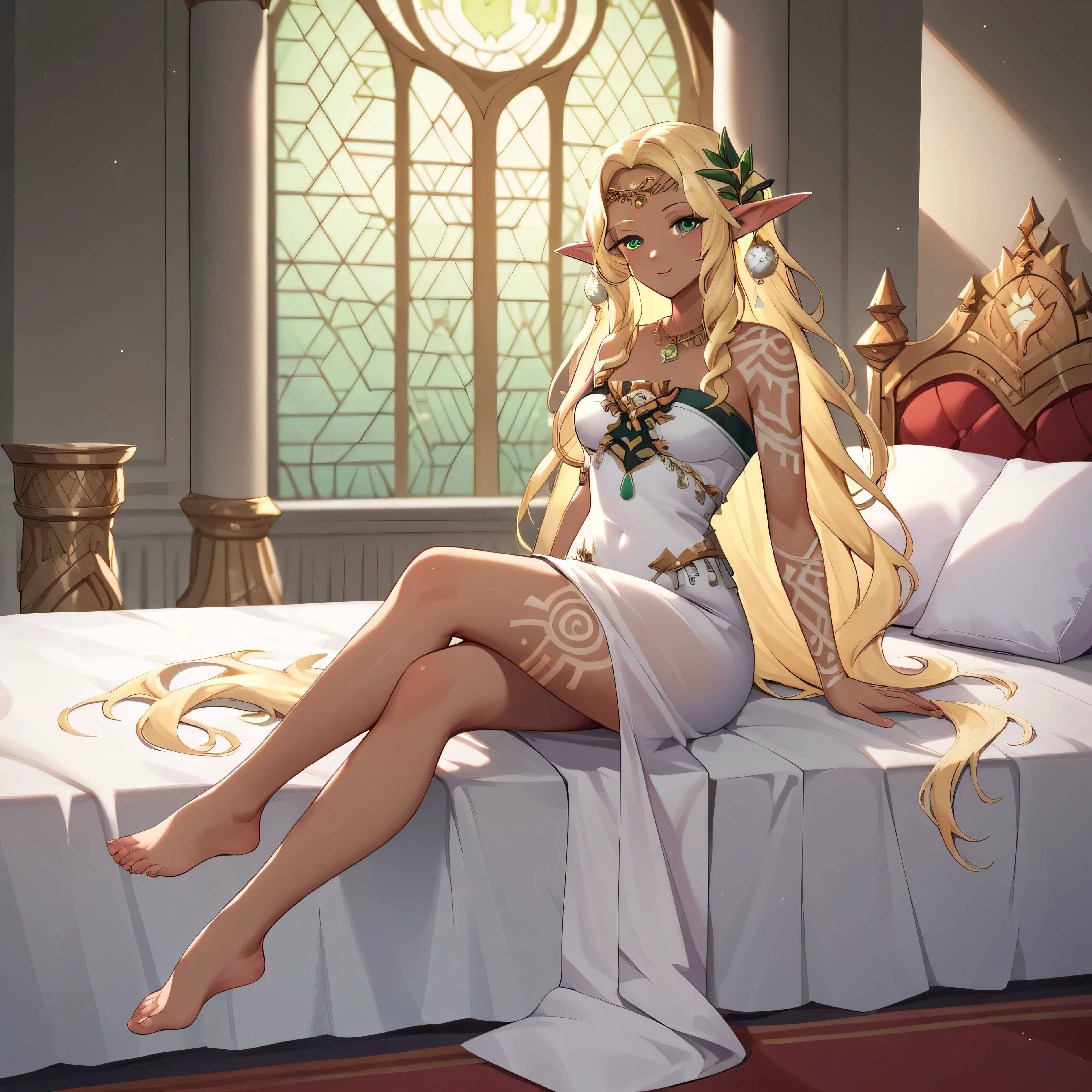 masterpiece, best quality, (highly detailed), score_9, score_8_up, score_7_up, full body shot, in palace, on bed, 1girl, Sonia_TOTK, Dark-skinned female, long blonde hair, tattoo, bare shoulders, pointy ears, green eyes, white dress, jewelry,