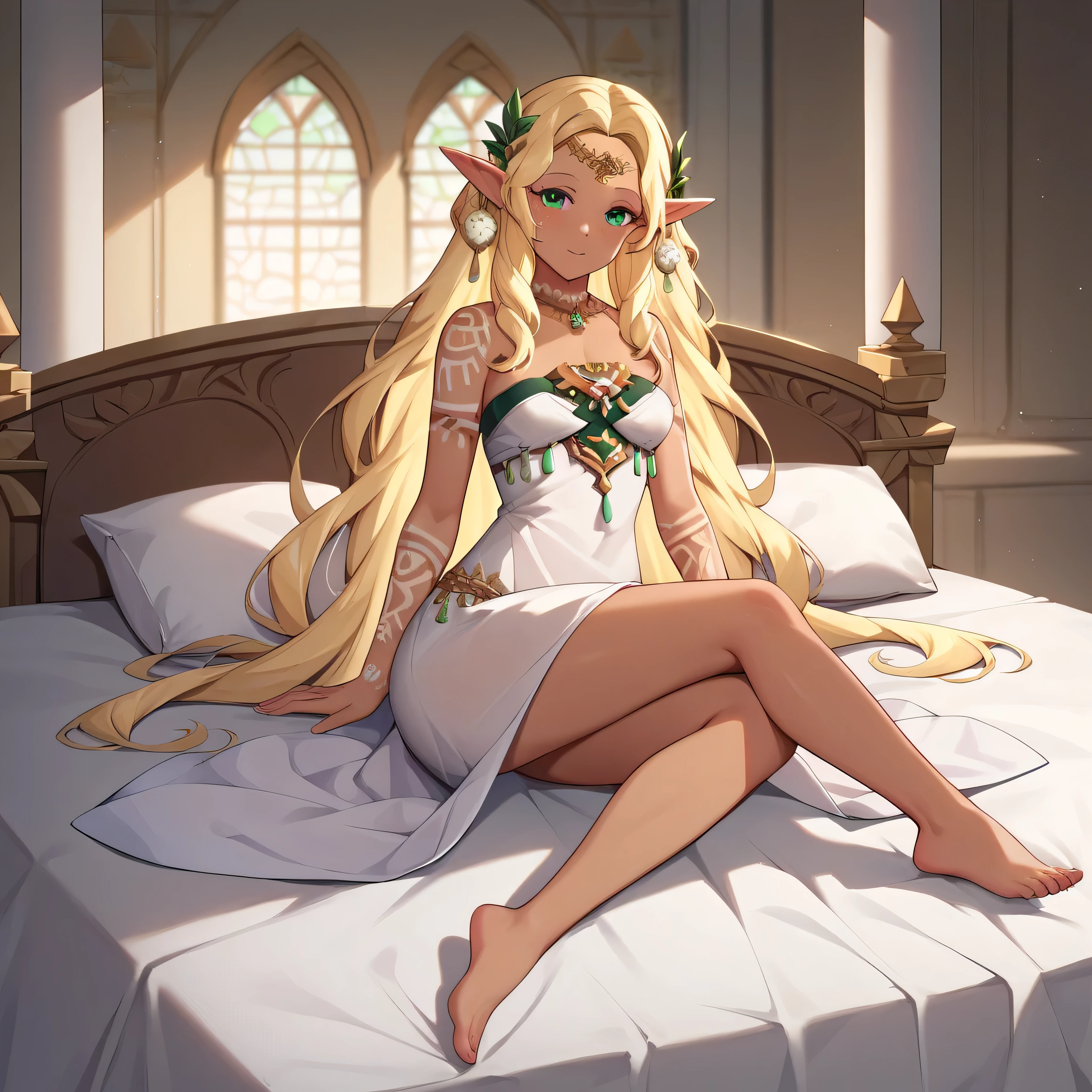 masterpiece, best quality, (highly detailed), score_9, score_8_up, score_7_up, full body shot, in palace, on bed, 1girl, Sonia_TOTK, Dark-skinned female, long blonde hair, tattoo, bare shoulders, pointy ears, green eyes, white dress, jewelry,