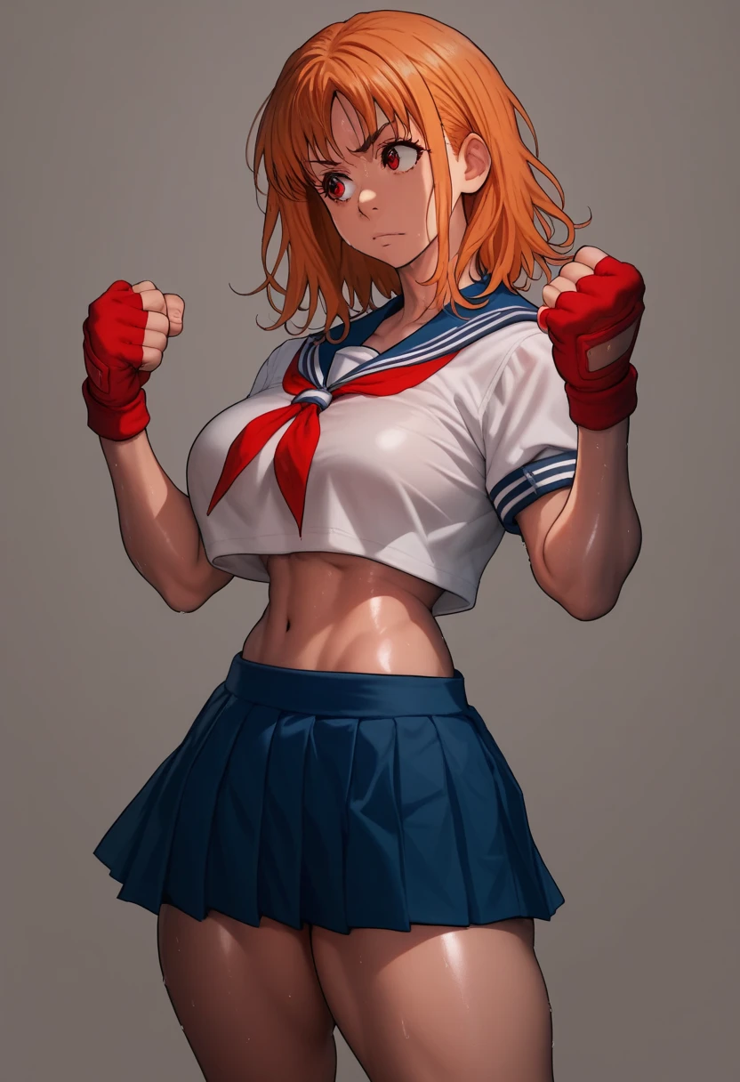 Solo,1girl, takami chika, medium hair, orange hair, red eyes,standing, sporty athletic build, confident pose, big breasts, breasts outlines, score_9, score_8_up, score_7_up, score_6_up,blue skirt, crop top, midriff, miniskirt, navel, sailor collar, school uniform, short sleeves, skirt, stomach, shirt, white shirt, red fingerless gloves,sweating, detailed body, shiny skin , p4l0m4, web comic,toned thighs, posing, simple background, clenched hands, slightly from side