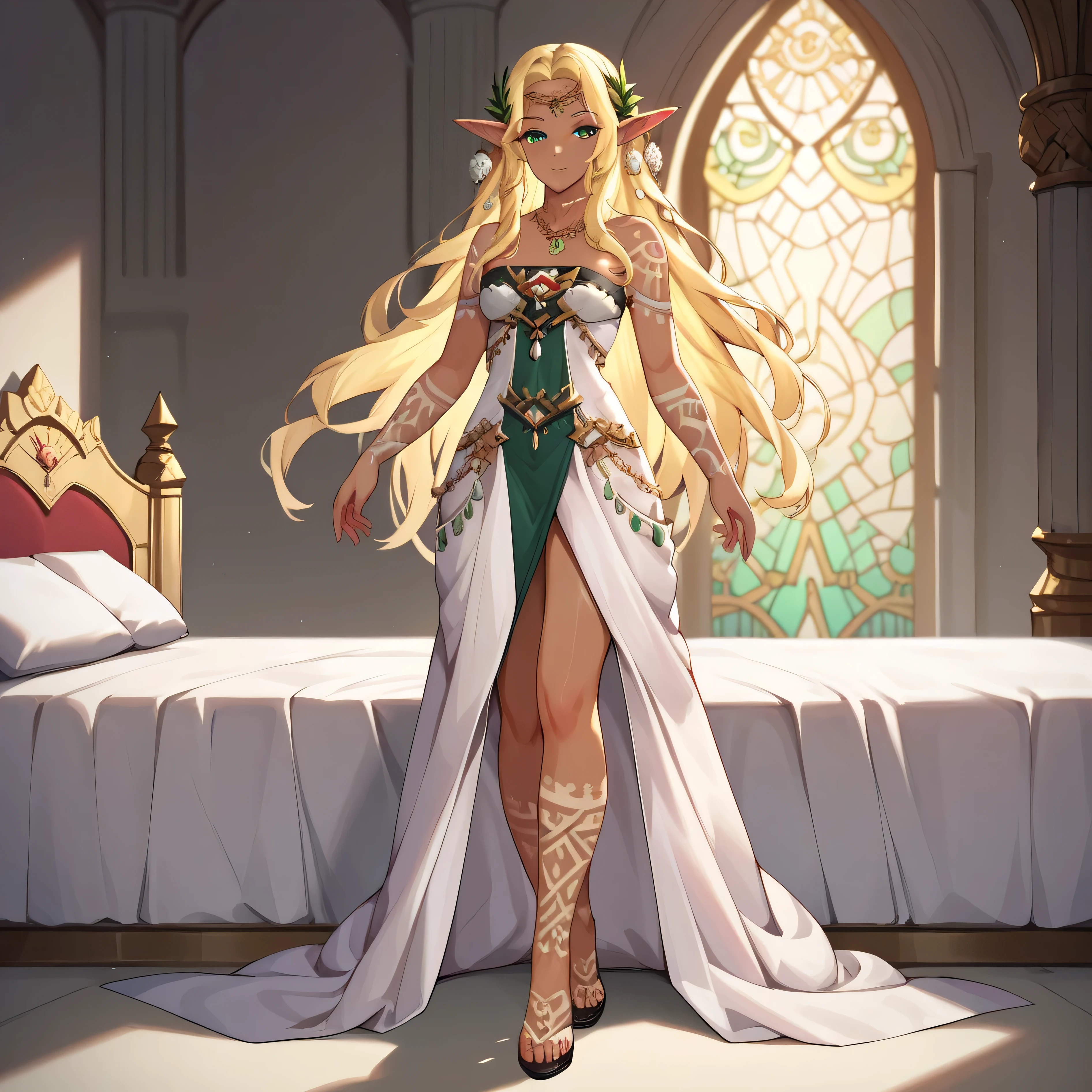 masterpiece, best quality, (highly detailed), score_9, score_8_up, score_7_up, full body shot, in palace, standing on bed, 1girl, Sonia_TOTK, Dark-skinned female, long blonde hair, tattoo, bare shoulders, pointy ears, green eyes, white dress, jewelry,