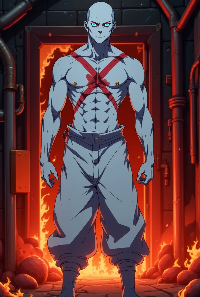 A 7 ft. Tall Very pale skinned glowing blue-eyed. lean muscular humanoid creature. Showing no emotion With a red X-shaped deep scar in the centre of the chest. Wearing white oversized baggy pants. in a fiery laboratory. In an anime style.