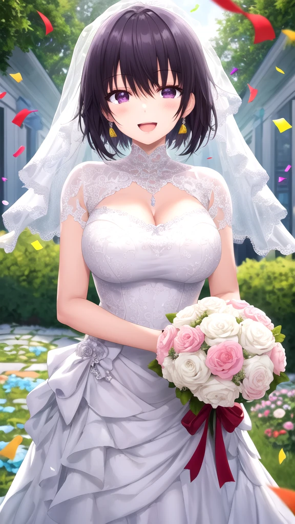 masterpiece, best quality, high quality, girl, solo, looking at viewer, amane_fujimiya, large breasts, wedding Dress, standing, garden, confetti, holding bouquet, smile, open mouth 