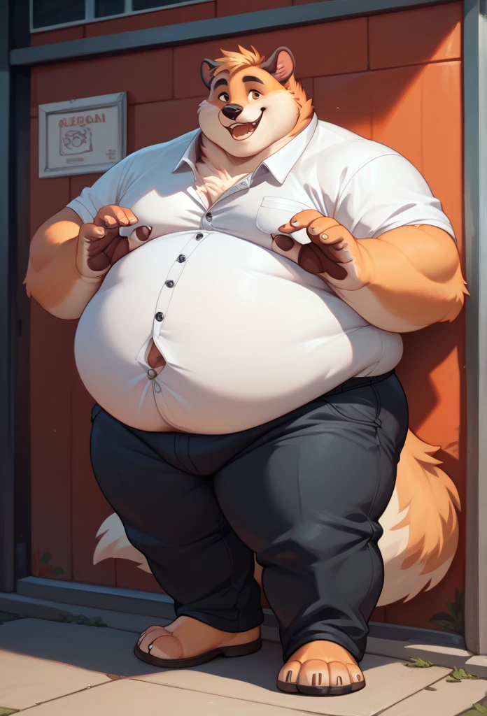 Two furry bears, large belly, extremely obese, obese cheeks, black trousers, white shirt, tight clothes, button pop, smile, posing against the wall, full length portrait , shake hands, size difference 