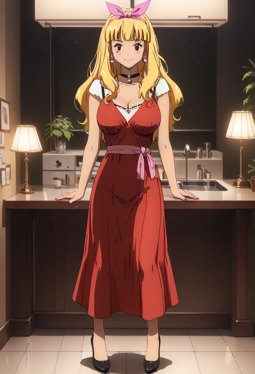 (masterpiece, best quality:1.2), 1girl, blonde hair, large breasts, choker, bunny ears, Red playboy suit, indoors, lights, timid, Sit