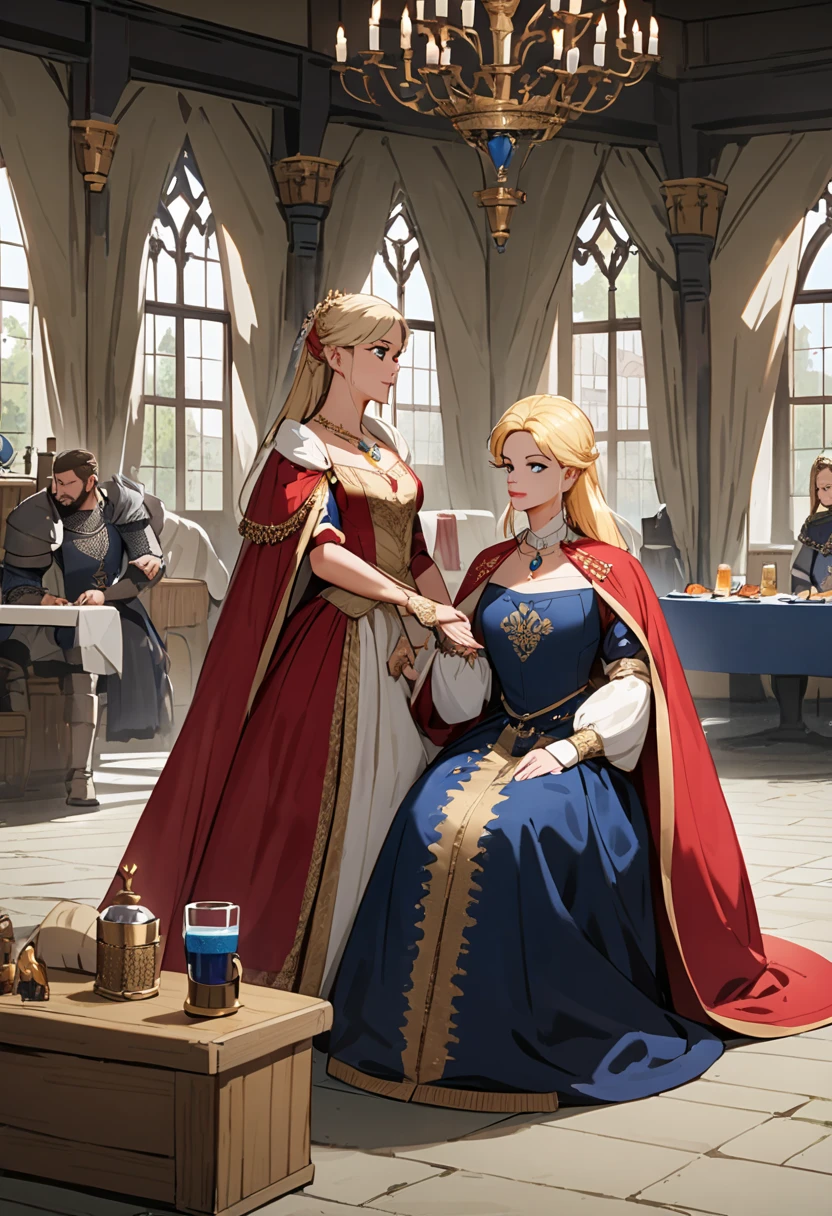  World Cup Style ,  beautiful women,  blondes,  sitting , Royal Outfits, Royal Room,   Medieval Setting  