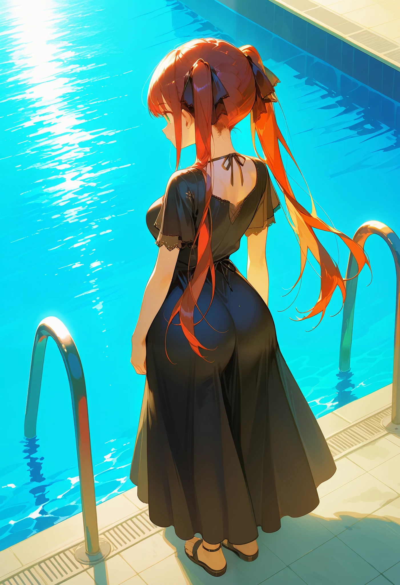 green-eyed girl, long hair, twin tails, red hair, gradient hair, long, wide, loose dress, black dress, medium, round breasts, medium waist, wide hips, big, round ass, from above, multiple views, standing, in the backyard near the pool, source anime, full body, hight resolution, masterpiece, accurate, 8k, hight detail, super detailed,