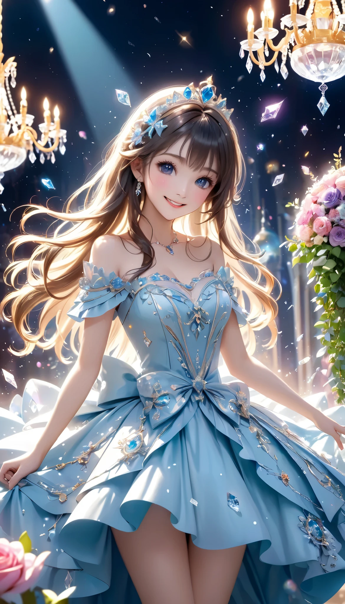 Dramatic composition, Court dress, royal, Nice, Cascading Ruffles, lottery, bow, crystal chandelier , swirl hairstyle , place, broken diamond with double knot like a drill , camera , bangs, Maximalism , Palace-like background, WITH BROKEN DIAMONDS。Delicate depiction of hair and eyes, princess dress , Nice skirts, Flowers in hands, smile, Starry Eyes, Cinematic Light, very detailed, high definition , happy girl , long hair, Highly detailed CG integrated into diamond and s , broken Highly detailed CG integrated into diamond and s , crystal fragment , Particles of light