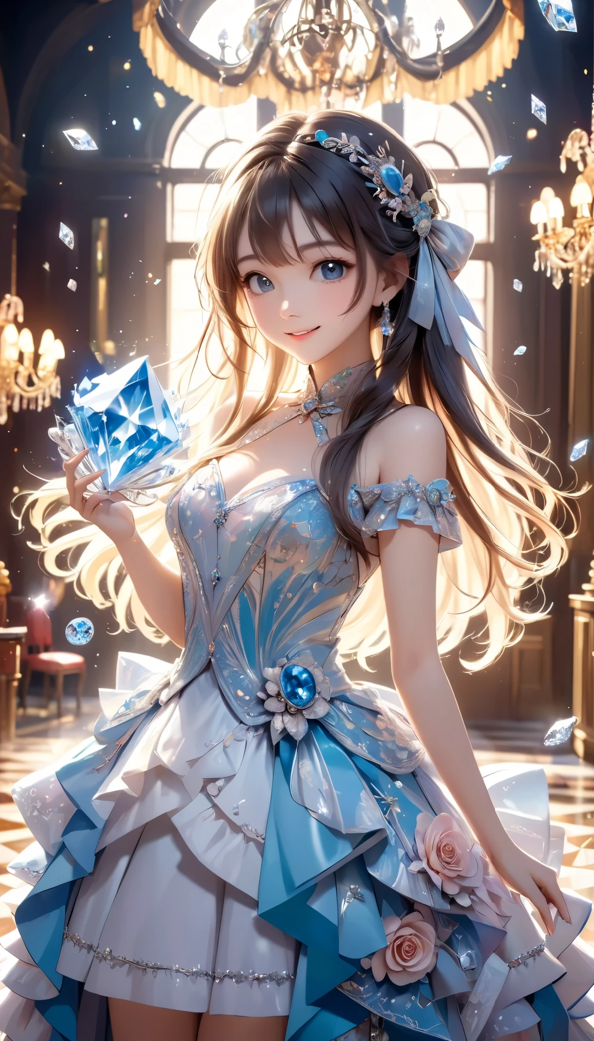 Dramatic composition, Court dress, royal, Nice, Cascading Ruffles, lottery, bow, crystal chandelier , swirl hairstyle , place, broken diamond with double knot like a drill , camera , bangs, Maximalism , Palace-like background, WITH BROKEN DIAMONDS。Delicate depiction of hair and eyes, princess dress , Nice skirts, Flowers in hands, smile, Starry Eyes, Cinematic Light, very detailed, high definition , happy girl , long hair, Highly detailed CG integrated into diamond and s , broken Highly detailed CG integrated into diamond and s , crystal fragment , Particles of light