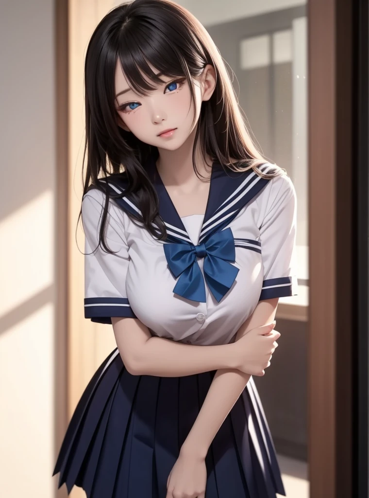    a beautiful girl ,   Blue eyes  ,     bright eyes ,  outfit serafuku japones,closed lips ,   long hair,    high resolution,  breasts ,  sexy body  , sexy,   beautiful breasts sensual and sexy body ,  looking at the camera ,  wavy hair, Triste, camisa blanca, pleated skirt, blue bowtie ,  school uniform