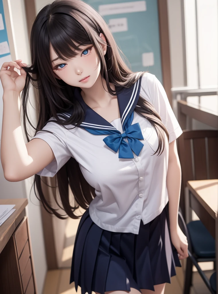    a beautiful girl ,   Blue eyes  ,     bright eyes ,  outfit serafuku japones,closed lips ,   long hair,    high resolution,  breasts ,  sexy body  , sexy,   beautiful breasts sensual and sexy body ,  looking at the camera ,  wavy hair, Triste, camisa blanca, pleated skirt, blue bowtie ,  school uniform