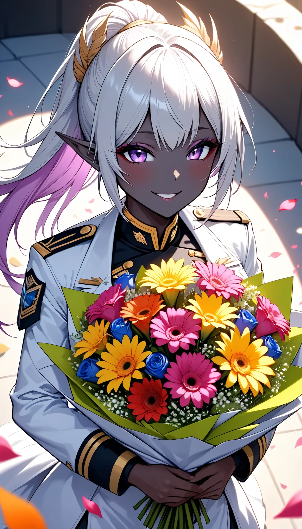 The text says , "thank you 4k followers" Handing you a bouquet, female Admiral , shot from above, \bouquet\, A wide range of colors,  Very Bright Colors ,  Superb details , Elaborate Petals ,  Splendid Fragrance Propagation , \ female Admiral of elf, oily light black skin \,  gentle smile,  looks very happy,  BREAK Celebrating a New milestone , beautiful vivid colors , \character, "ATLAS" \, \ARW , hzk, kiri \, 