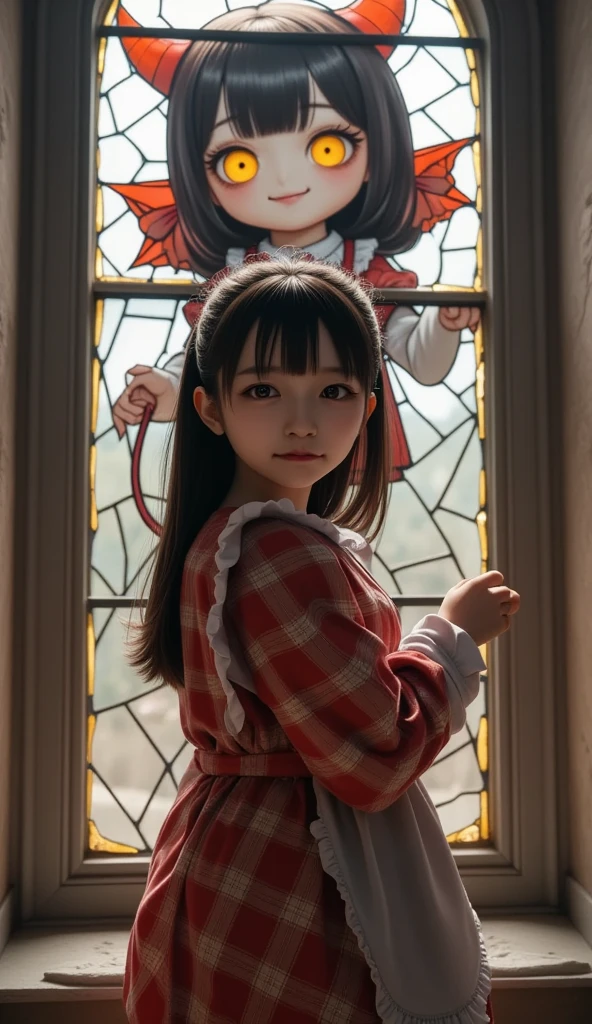 ultra-realistic, photorealistic, dramatic scene, shadow, global-illumination, solo, (teenage Japanese famous idol girl), very beautiful fragile Japanese girl, very beautiful with very cute face, detailed face, (modern maid:1.2), (wearing a cute colored maid outfits with frills), (very large breasts), slim waist, she is looking at the stained glass at the epic cathedral in the European old castle and the looking at viewers, smile, Gentle light, a large window with a rough mosaic of a cute devil of chibi-anime-charactr in stained glass, masterpiece of Mosaic art of a cute devil of chibi-anime-character that made of gorgeous stained glass, the stained glass depicts rough mosaic of 1girl\(chibi-anime character, chibi-anime character, mosaic art on the stained glass, dark black devil, cute, big eyes, large circle eyes, black skin, evil smile, orange eyes, vivid orange eyes, dark black skin, looking down, wearing a cute Tyrolean-style capelet\(big, long, Tattered\), full body, Minor Cracks on the glass\), shoot from side