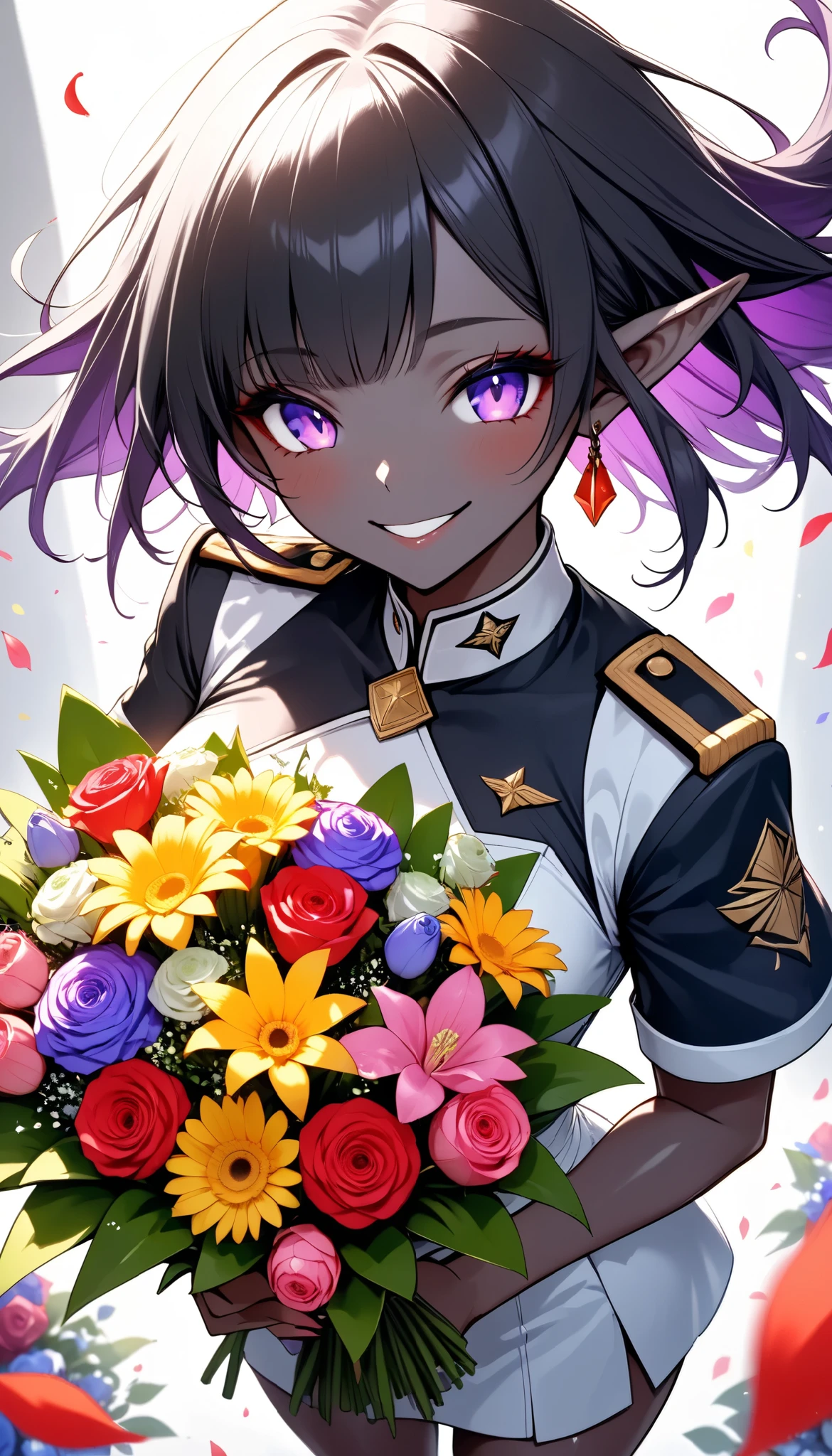 The text says , "thank you 4k followers" Handing you a bouquet, female Admiral , shot from above, \bouquet\, A wide range of colors,  Very Bright Colors ,  Superb details , Elaborate Petals ,  Splendid Fragrance Propagation , \ female Admiral of elf, oily light black skin \,  gentle smile,  looks very happy,  BREAK Celebrating a New milestone , beautiful vivid colors , \character, "ATLAS" \, \ARW , hzk, kiri \, 