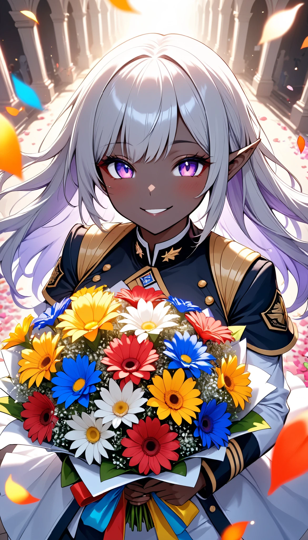 The text says , "thank you 4k followers" Handing you a bouquet, female Admiral , shot from above, \bouquet\, A wide range of colors,  Very Bright Colors ,  Superb details , Elaborate Petals ,  Splendid Fragrance Propagation , \ female Admiral of elf, oily light black skin \,  gentle smile,  looks very happy,  BREAK Celebrating a New milestone , beautiful vivid colors , \character, "ATLAS" \, \ARW , hzk, kiri \, 