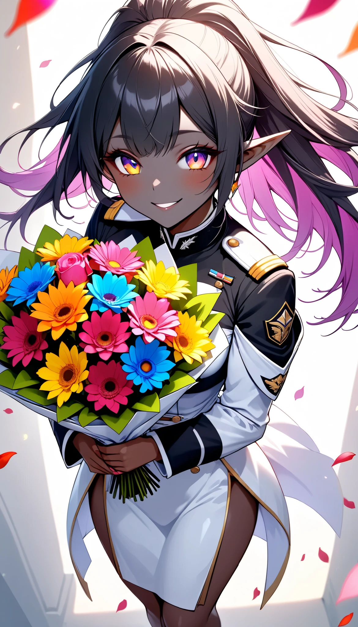 The text says , "thank you 4k followers" Handing you a bouquet, female Admiral , shot from above, \bouquet\, A wide range of colors,  Very Bright Colors ,  Superb details , Elaborate Petals ,  Splendid Fragrance Propagation , \ female Admiral of elf, oily light black skin \,  gentle smile,  looks very happy,  BREAK Celebrating a New milestone , beautiful vivid colors , \character, "ATLAS" \, \ARW , hzk, kiri \, 