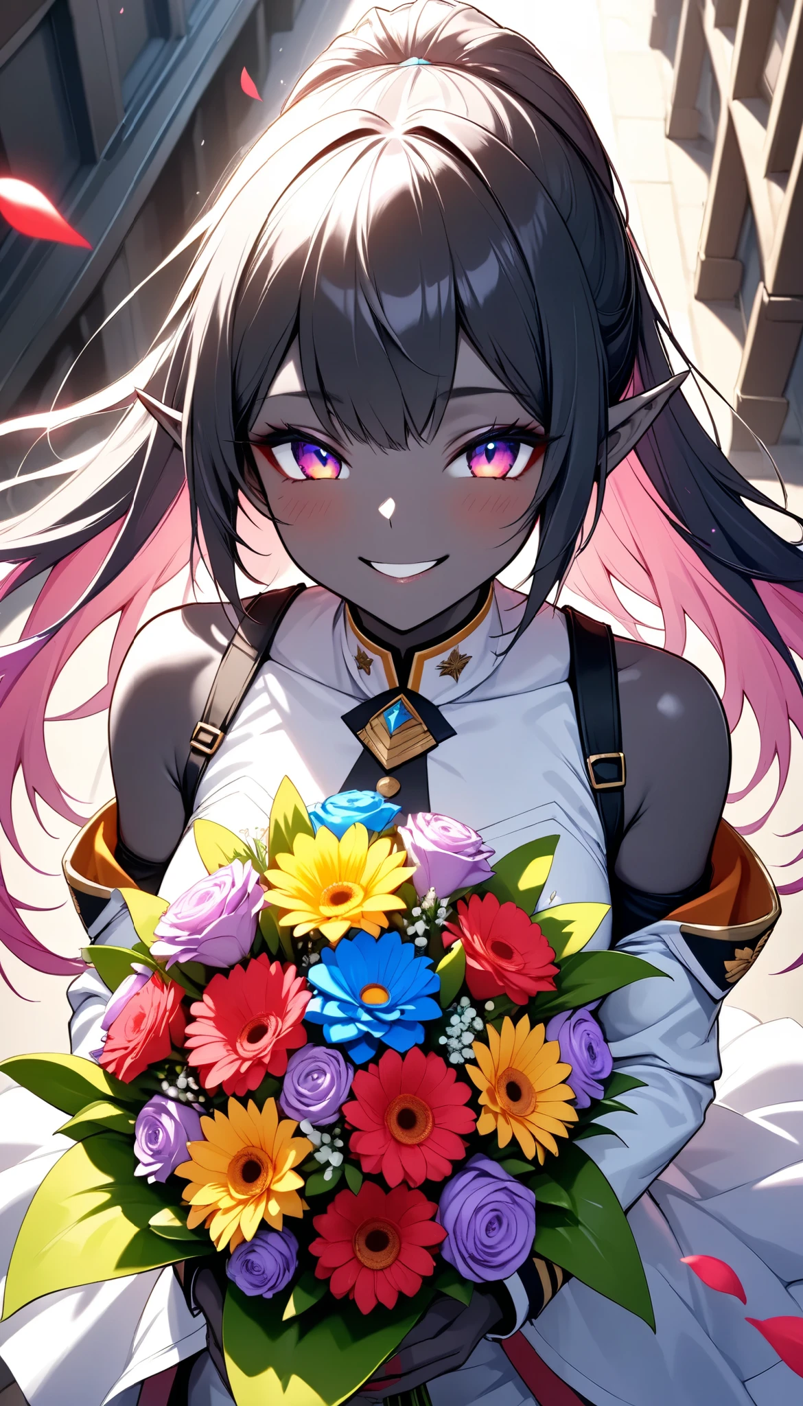 The text says , "thank you 4k followers" Handing you a bouquet, female Admiral , shot from above, \bouquet\, A wide range of colors,  Very Bright Colors ,  Superb details , Elaborate Petals ,  Splendid Fragrance Propagation , \ female Admiral of elf, oily light black skin \,  gentle smile,  looks very happy,  BREAK Celebrating a New milestone , beautiful vivid colors , \character, "ATLAS" \, \ARW , hzk, kiri \, 