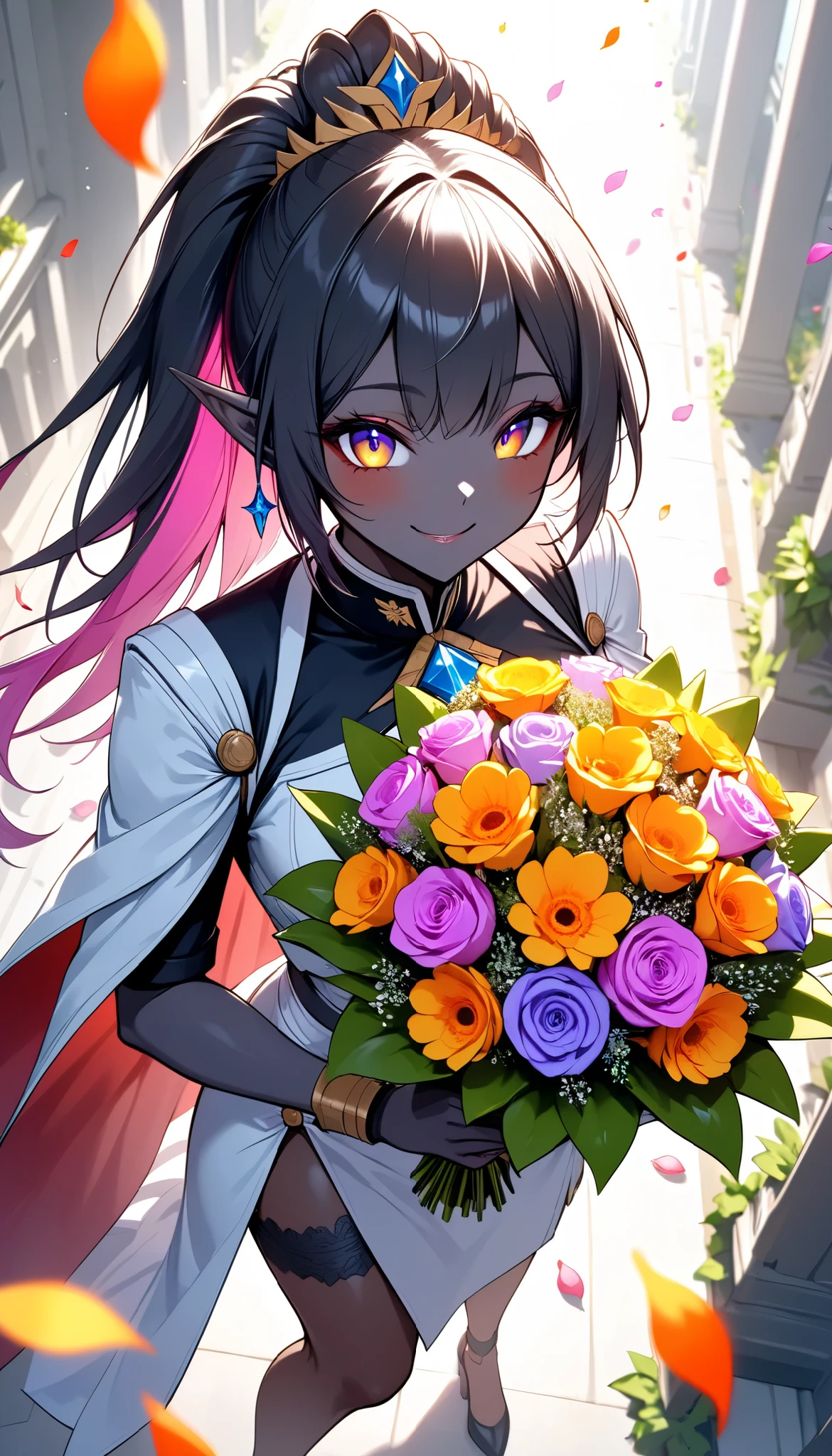 The text says , "thank you 4k followers" Handing you a bouquet, female Admiral , shot from above, \bouquet\, A wide range of colors,  Very Bright Colors ,  Superb details , Elaborate Petals ,  Splendid Fragrance Propagation , \ female Admiral of elf, oily light black skin \,  gentle smile,  looks very happy,  BREAK Celebrating a New milestone , beautiful vivid colors , \character, "ATLAS" \, \ARW , hzk, kiri \, 