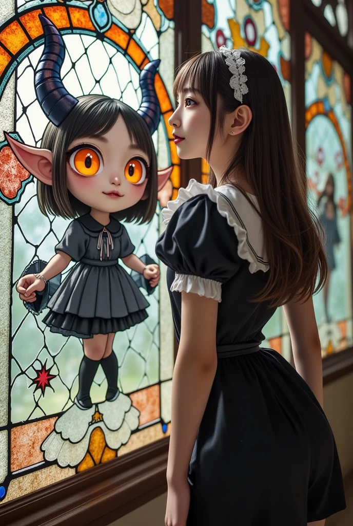 ultra-realistic, photorealistic, dramatic scene, shadow, global-illumination, solo, (teenage Japanese famous idol girl), very beautiful fragile Japanese girl, very beautiful with very cute face, detailed face, (modern maid:1.2), (wearing a cute colored maid outfits with frills), (very large breasts), slim waist, she is looking at the stained glass at the epic cathedral in the European old castle and the looking at viewers, smile, Gentle light, a large window with a rough mosaic of a cute devil of chibi-anime-charactr in stained glass, masterpiece of Mosaic art of a cute devil of chibi-anime-character that made of gorgeous stained glass, the stained glass depicts rough mosaic of 1girl\(chibi-anime character, chibi-anime character, mosaic art on the stained glass, dark black devil, cute, big eyes, large circle eyes, black skin, evil smile, orange eyes, vivid orange eyes, dark black skin, looking down, wearing a cute Tyrolean-style capelet\(big, long, Tattered\), full body, Minor Cracks on the glass\), shoot from side