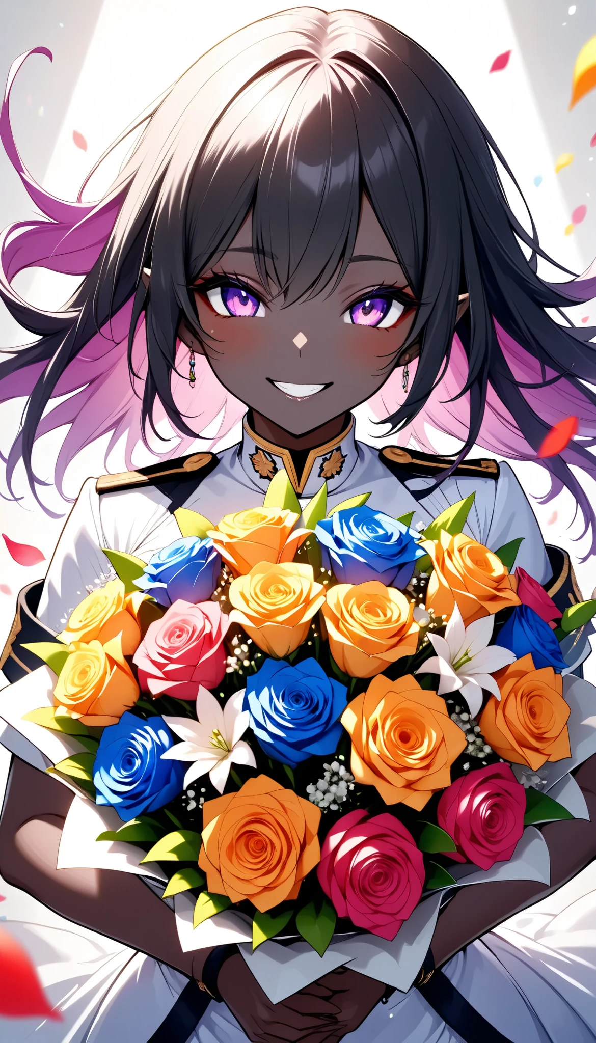 The text says , "thank you 4k followers" Handing you a bouquet, female Admiral , shot from above, \bouquet\, A wide range of colors,  Very Bright Colors ,  Superb details , Elaborate Petals ,  Splendid Fragrance Propagation , \ female Admiral of elf, oily light black skin \,  gentle smile,  looks very happy,  BREAK Celebrating a New milestone , beautiful vivid colors , \character, "ATLAS" \, \ARW , hzk, kiri \, 