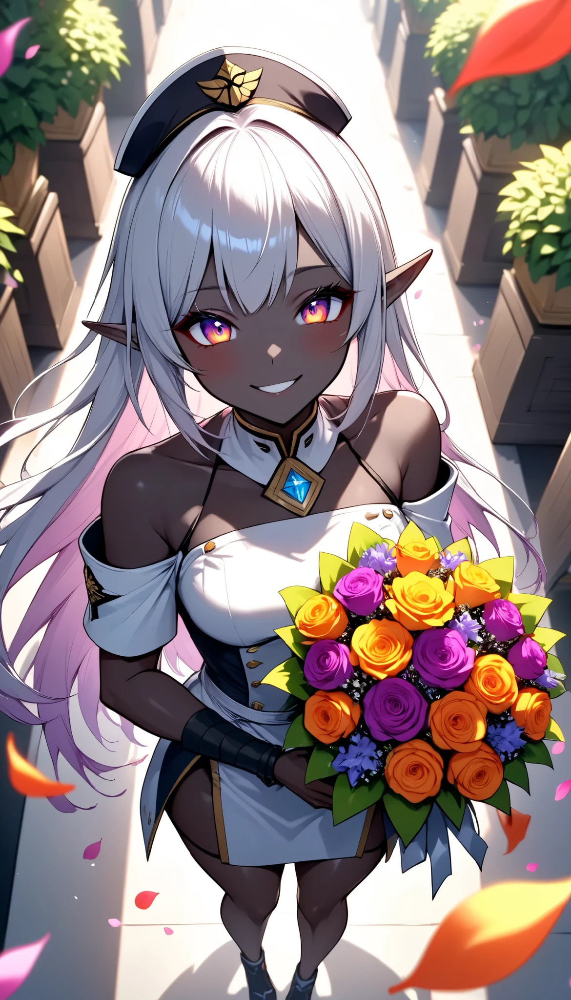 The text says , "thank you 4k followers" Handing you a bouquet, female Admiral , shot from above, \bouquet\, A wide range of colors,  Very Bright Colors ,  Superb details , Elaborate Petals ,  Splendid Fragrance Propagation , \ female Admiral of elf, oily light black skin \,  gentle smile,  looks very happy,  BREAK Celebrating a New milestone , beautiful vivid colors , \character, "ATLAS" \, \ARW , hzk, kiri \, 