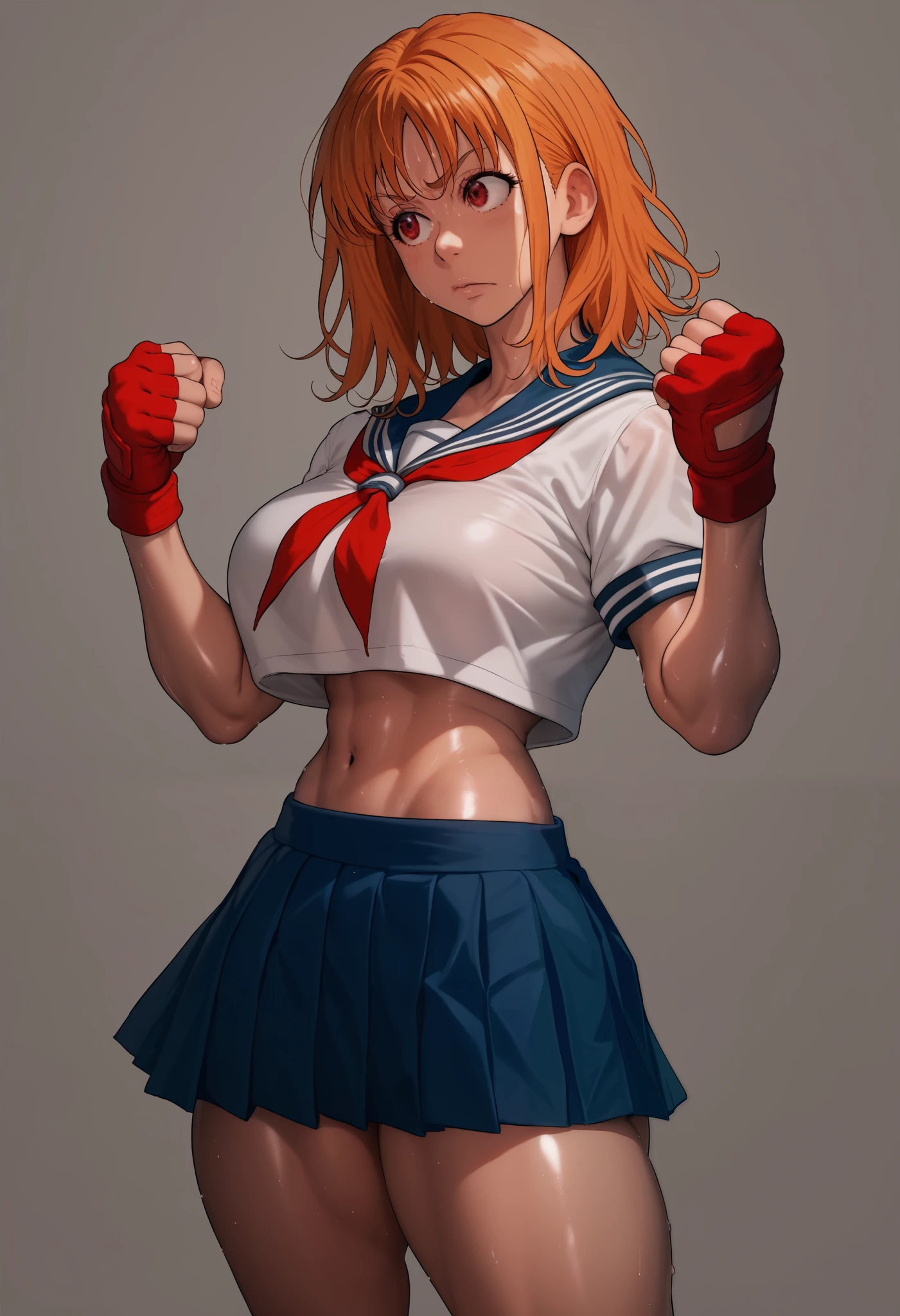 Solo,1girl, takami chika, medium hair, orange hair, red eyes,standing, sporty athletic build, confident pose, big breasts, breasts outlines, score_9, score_8_up, score_7_up, score_6_up,blue skirt, crop top, midriff, miniskirt, navel, sailor , school uniform, short sleeves, skirt, stomach, shirt, white shirt, red fingerless gloves,sweating, detailed body, shiny skin , RUKIA Style, web comic,toned thighs, sexy pose, simple background, clenched hands, slightly from side