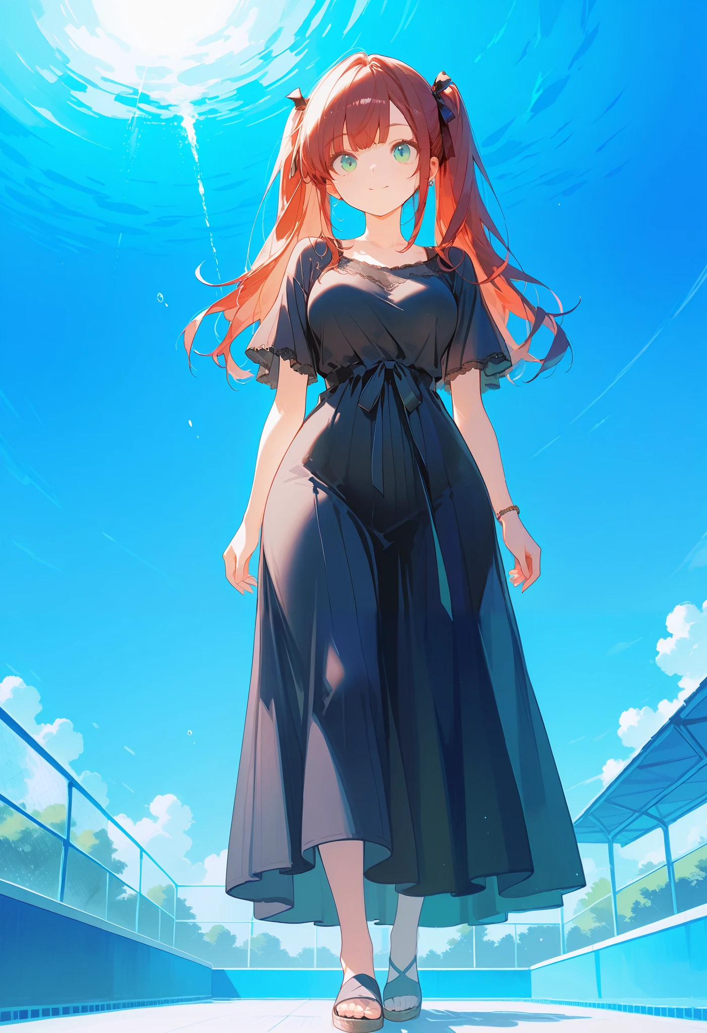 green-eyed girl, long hair, twin tails, red hair, gradient hair, long, wide, loose dress, black dress, medium, round breasts, medium waist, wide hips, big, round ass, from below, multiple views, standing, in the backyard near the pool, source anime, full body, hight resolution, masterpiece, accurate, 8k, hight detail, super detailed,