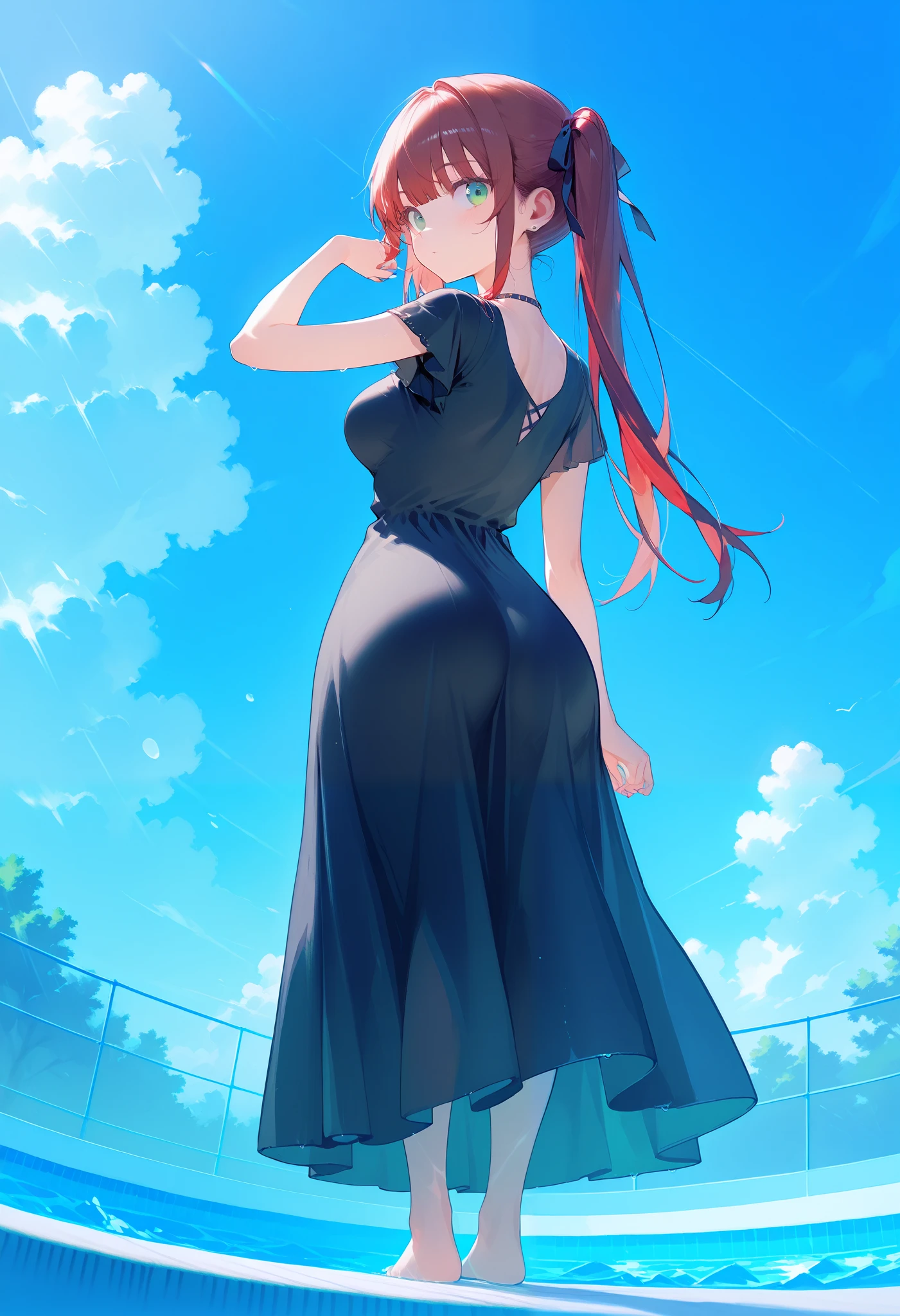 green-eyed girl, long hair, twin tails, red hair, gradient hair, long, wide, loose dress, black dress, medium, round breasts, medium waist, wide hips, big, round ass, from below, multiple views, standing, in the backyard near the pool, source anime, full body, hight resolution, masterpiece, accurate, 8k, hight detail, super detailed,