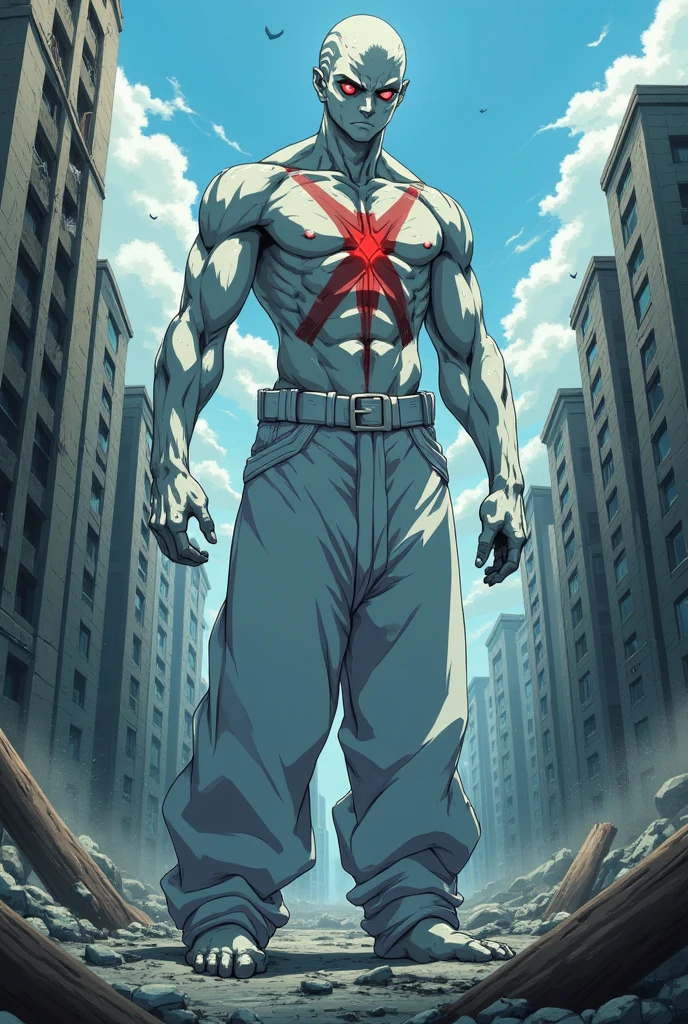 A 7 ft. Tall Bold head Very pale skinned glowing blue-eyed. lean muscular humanoid creature. Vicious looking. With a red X-shaped deep scar in the centre of the chest. Wearing white oversized baggy pants. in a destroyed City landscape. Standing in a crater. In an anime style.