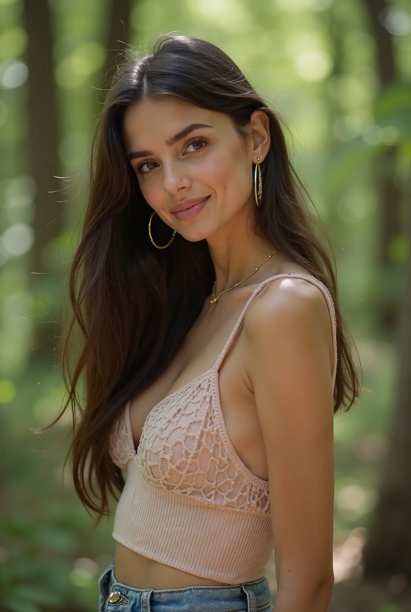 18 year old woman, sensual in her bed, naked with legs open, very long dark wavy hair, lying on the grass with her legs open, goddess body, small breasts with petals on the nipples, her hands in her vagina masturbating, excited sensual expression, the maid watches her