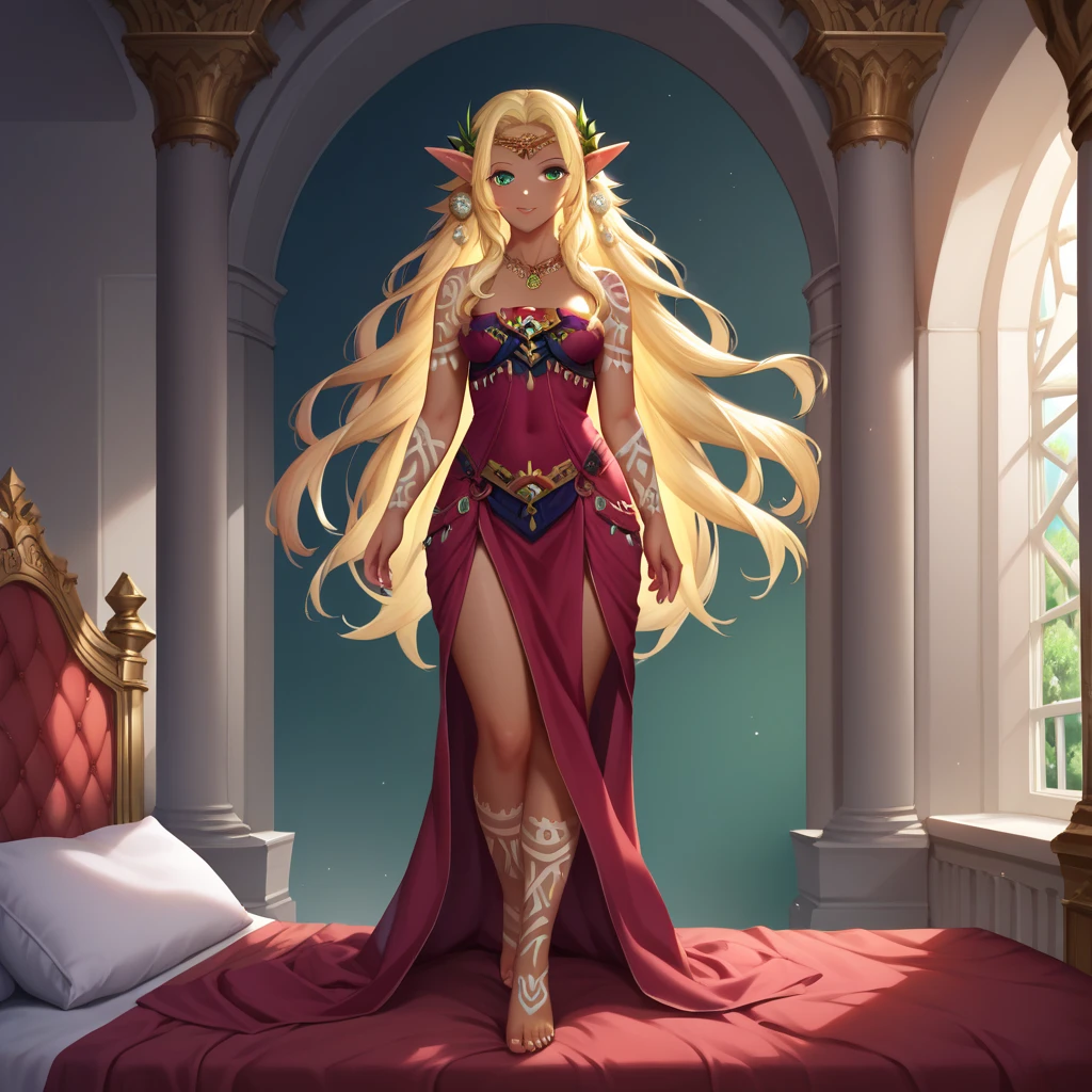 masterpiece, best quality, highly detailed, detailed eyes, detailed face, detailed skin, score_9, score_8_up, score_7_up, full body shot, in palace, standing on bed, 1girl, Sonia_TOTK, Dark-skinned female, long blonde hair, tattoo, bare shoulders, pointy ears, green eyes, naked, no visible clothes, jewelry,