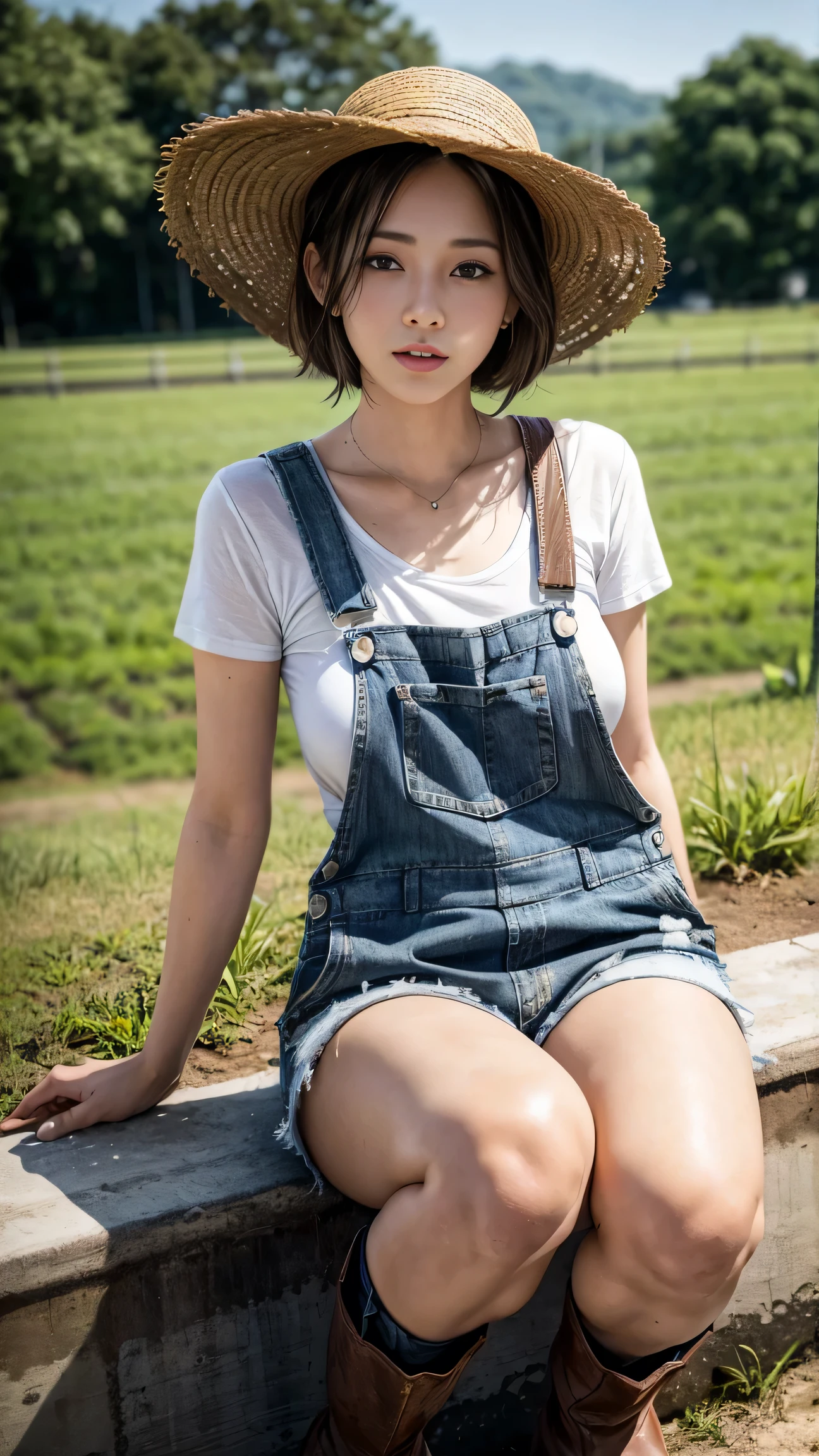 I'm wearing clothes that look like Garson, ((Farmer ))、 I'm working on a farm 、((tractors))、(((I have farm tools)))、Dirty with mud 、Sweating、 farm :1.6 , ( straw hat) , (( Overalls on bare skin )), rubber boots , black short hair 、(( coppery skin))、((Simple nice )), high resolution、 high resolution、in 8K、 real live action 、RAWpicturegraphy、 best quality 、masterpiece、Tabletop、erotic,(Sunburned skin),knee, Absurd,Small face、 big boobs ,masterpiece, best quality 、超A high resolution,RAWpicture,only,beautiful, one person , one person で, full body、 very nice 、Japanese women,Standing,( realistic :1.4)、Photon Mapping、 realistic 、 cute 、 Adult Female 、physics-based only dulling、View 、Borderline depth 、 blurry background 、picture,girl、body,Beautiful feet, long legs,thin legs、 lips, Soft nose , I can see the knee、 sparkling eyes 、Glossy lips、 too bright natural light 、bright sun、 too bright sunlight