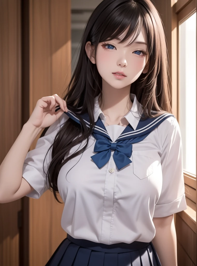    a beautiful girl ,   Blue eyes  ,     bright eyes ,  outfit serafuku japones,closed lips ,   long hair,    high resolution,  breasts ,  sexy body  , sexy,   beautiful breasts sensual and sexy body ,  looking at the camera ,  wavy hair, Triste, camisa blanca, pleated skirt, blue bowtie ,  school uniform