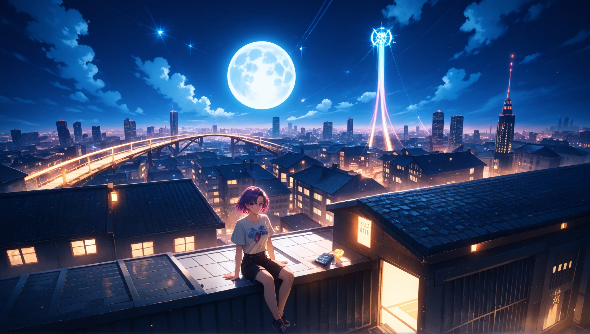 best quality, masterpiece, extremely detailed, detailed background, anime, 1girl, young girl, short girl, sci-fi, science fiction, outdoors, night, starry sky, greenhouse, megastructure, bio-dome, landscape, scenery, horizon, rooftop, sitting on rooftop, wind, looking away, atmospheric lighting, solo focus, close up, from side, depth of field, bokeh
