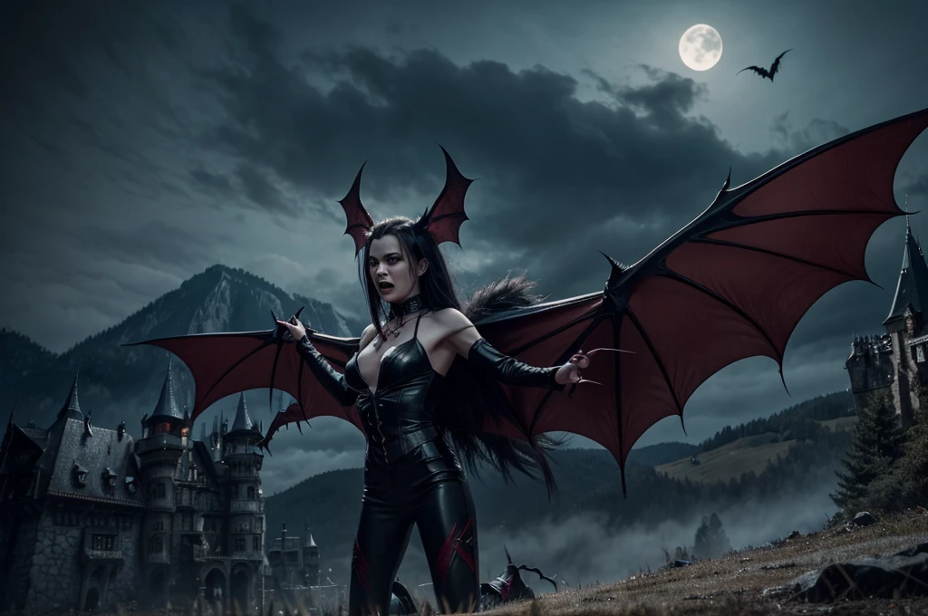 a woman at the center of a photo, medium shot, 35 years old, long black hair, at the stone marquee on a rooftop of a gothic church, wearing a black overcoat, looking away, (two huge stone Gargoyles at the woman's side:1.2), dark clouds, dark color grading, cinematic, photo by David LaChapelle
<lora:dark-cinematics:1>